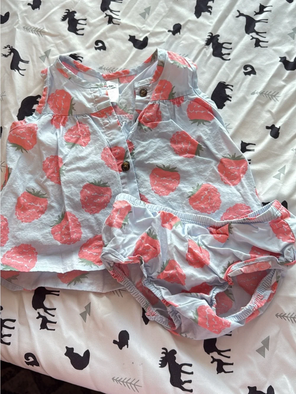 Carter's Light Blue and Coral Strawberry Print Top & Bloomers Set